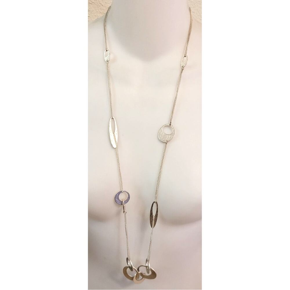 Signed Cookie Lee Long Silvertone Necklace Chain Open Matte Metal Circles